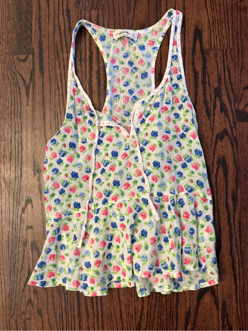 White Floral Racerback Peplum Tank Top with Blue & Pink Flowers